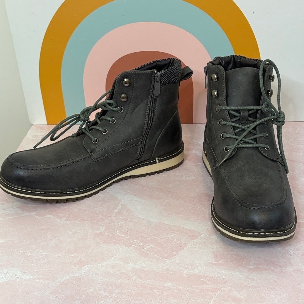 Bruno Marc Apache Grey Leather Lace-Up & Side Zip Work Combat Boots sz 12 NWOT